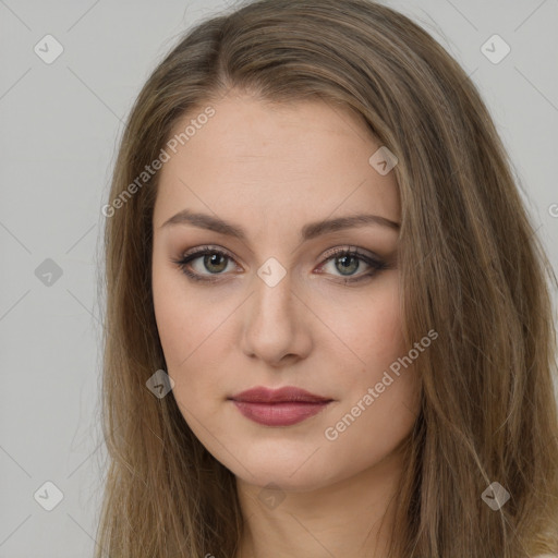 Neutral white young-adult female with long  brown hair and brown eyes