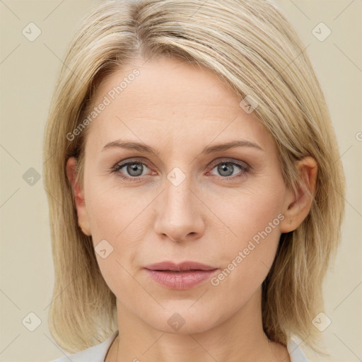 Joyful white young-adult female with medium  brown hair and blue eyes