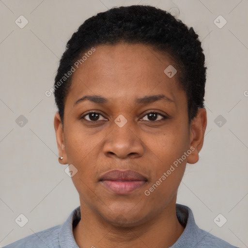 Neutral black young-adult female with short  black hair and brown eyes