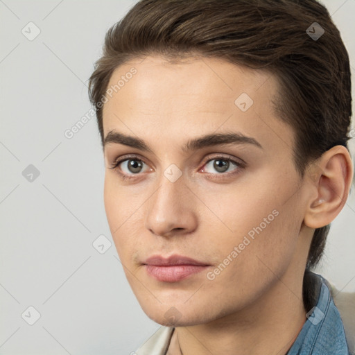 Neutral white young-adult female with short  brown hair and brown eyes