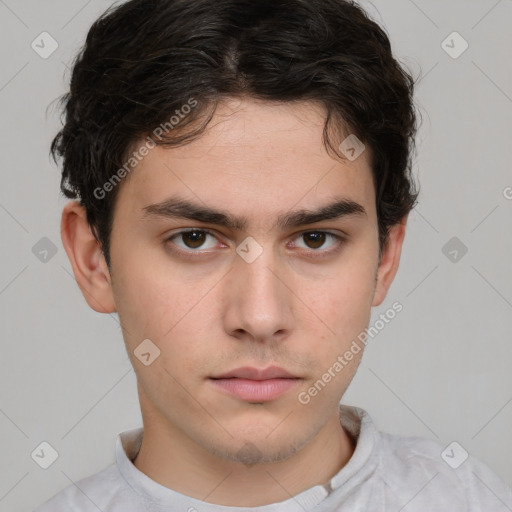 Neutral white young-adult male with short  brown hair and brown eyes