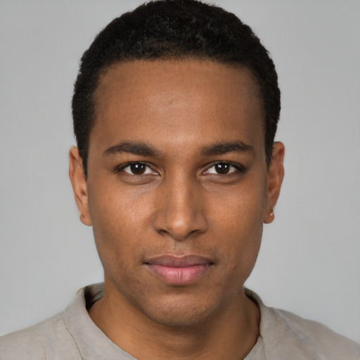 Neutral black young-adult male with short  black hair and brown eyes