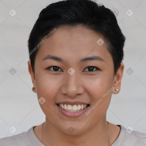 Joyful asian young-adult female with short  brown hair and brown eyes