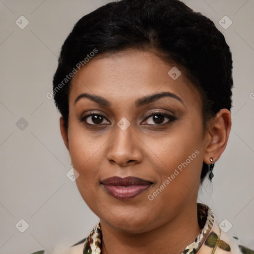 Joyful latino young-adult female with short  brown hair and brown eyes