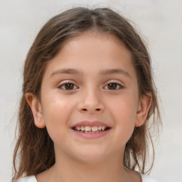 Joyful white child female with medium  brown hair and brown eyes