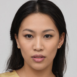 Neutral asian young-adult female with long  brown hair and brown eyes