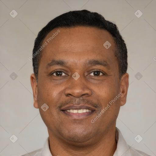 Joyful black adult male with short  black hair and brown eyes