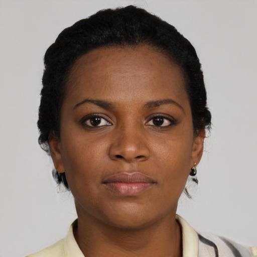 Neutral black young-adult female with short  brown hair and brown eyes