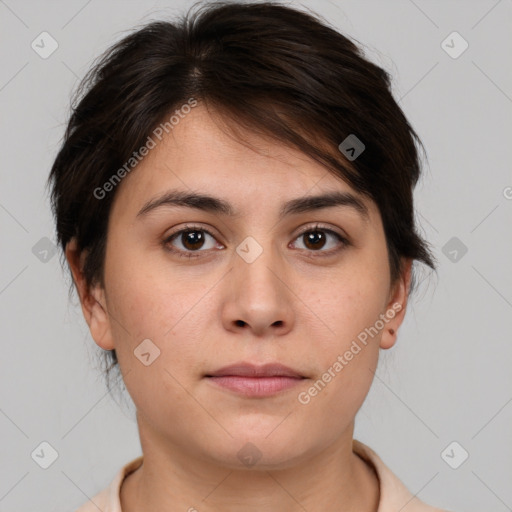 Neutral white young-adult female with medium  brown hair and brown eyes