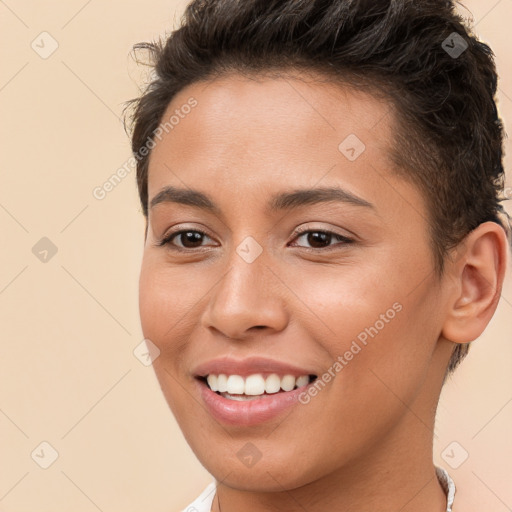 Joyful white young-adult female with short  brown hair and brown eyes