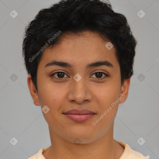 Joyful asian young-adult female with short  brown hair and brown eyes