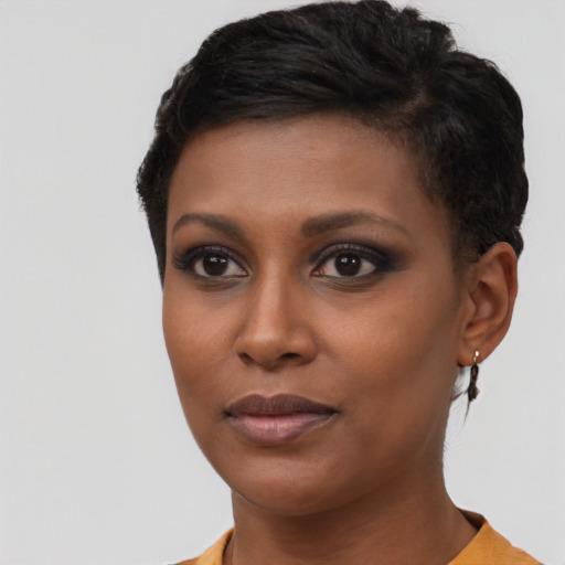 Neutral black young-adult female with short  brown hair and brown eyes