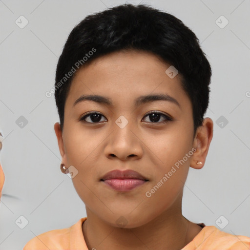 Neutral asian young-adult female with short  black hair and brown eyes