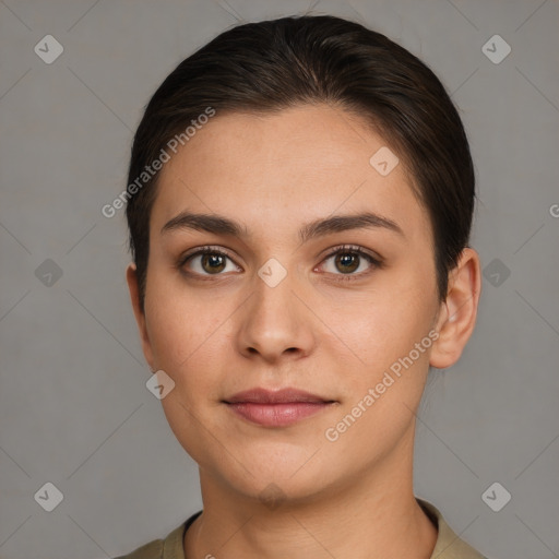 Neutral white young-adult female with short  brown hair and brown eyes