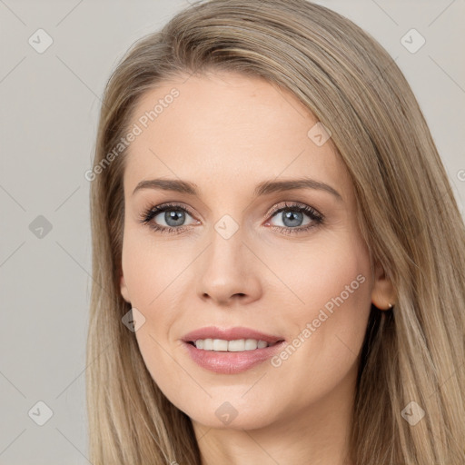 Joyful white young-adult female with long  brown hair and grey eyes