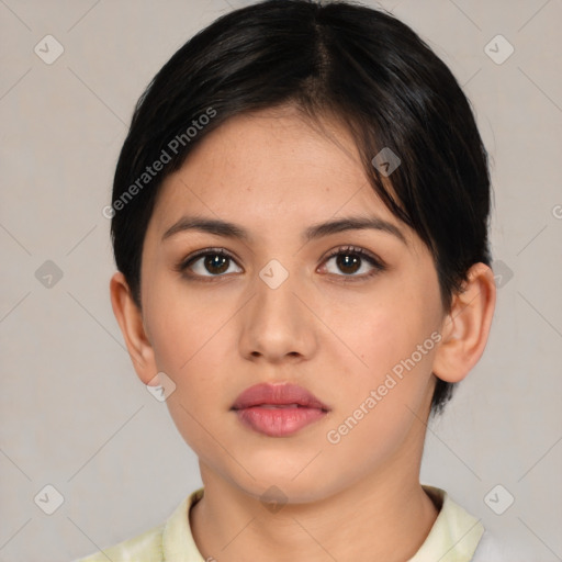 Neutral white young-adult female with short  brown hair and brown eyes