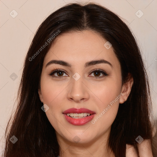 Joyful white young-adult female with long  brown hair and brown eyes