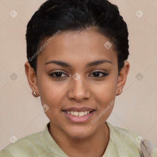 Joyful latino young-adult female with short  black hair and brown eyes