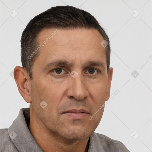 Neutral white adult male with short  brown hair and brown eyes