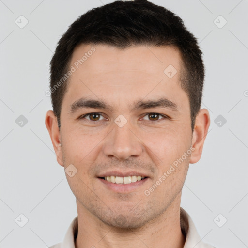 Joyful white young-adult male with short  brown hair and brown eyes