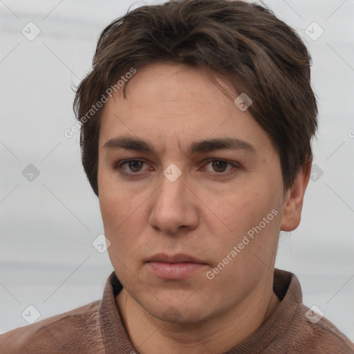 Neutral white adult female with short  brown hair and brown eyes