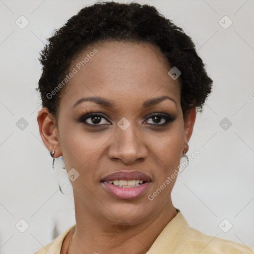 Joyful latino young-adult female with short  brown hair and brown eyes