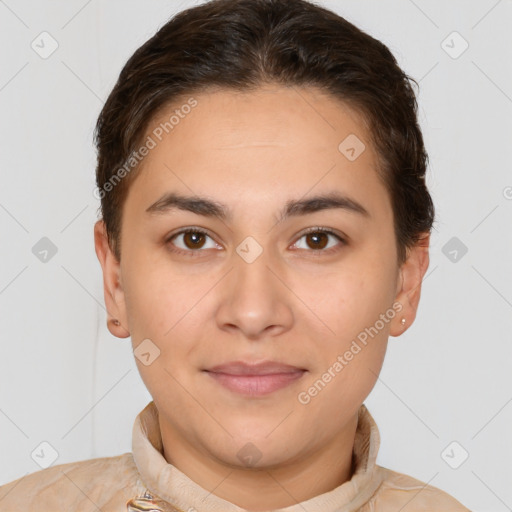 Joyful white young-adult female with short  brown hair and brown eyes