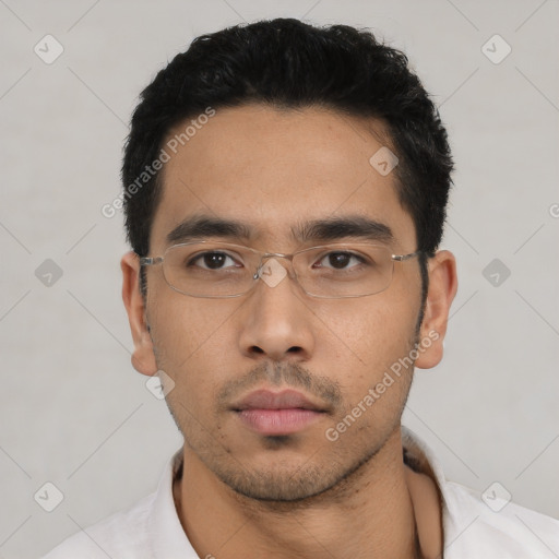 Neutral asian young-adult male with short  black hair and brown eyes