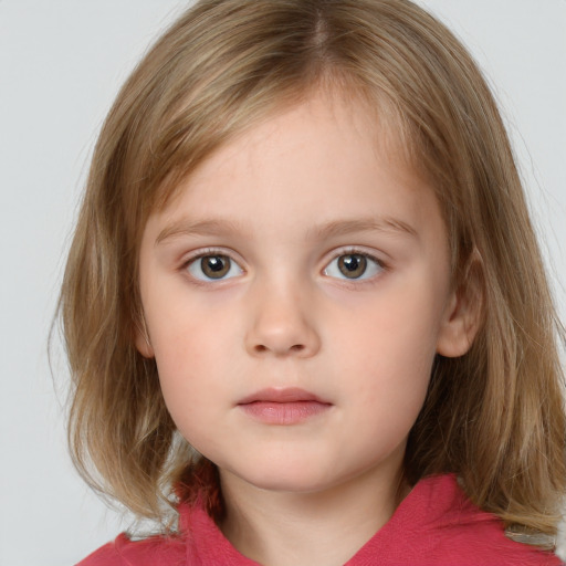 Neutral white child female with medium  brown hair and blue eyes