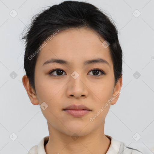 Neutral asian young-adult female with short  brown hair and brown eyes