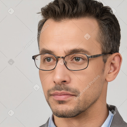 Neutral white young-adult male with short  brown hair and brown eyes