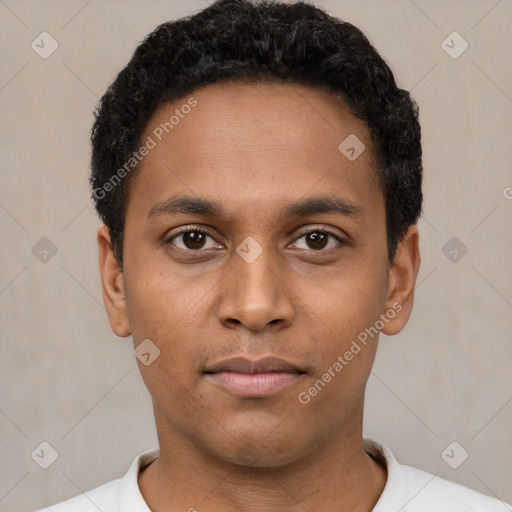 Neutral black young-adult male with short  black hair and brown eyes