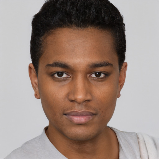 Neutral black young-adult male with short  black hair and brown eyes