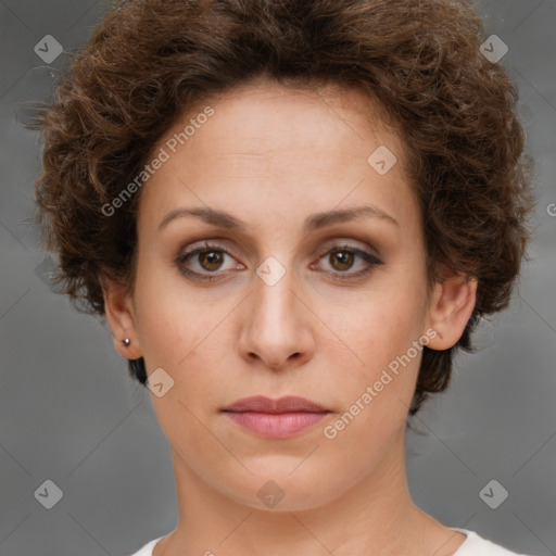 Neutral white young-adult female with short  brown hair and brown eyes