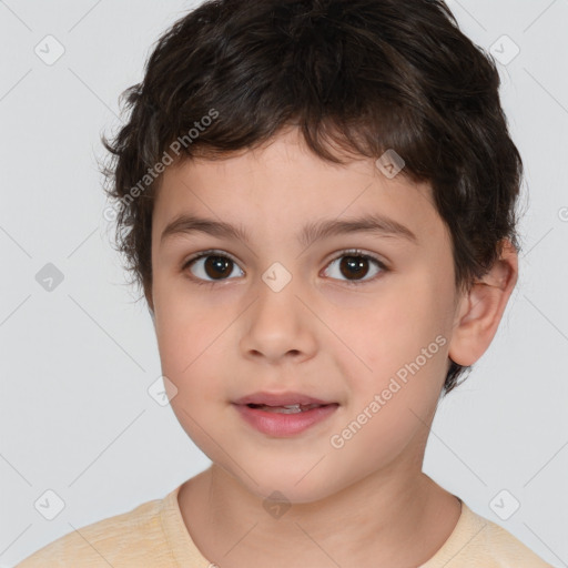 Joyful white child male with short  brown hair and brown eyes