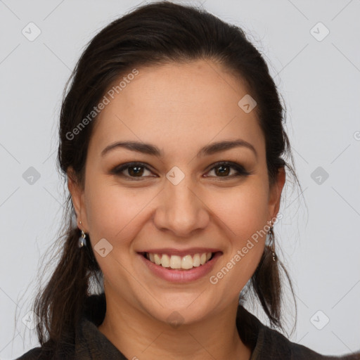 Joyful white young-adult female with long  brown hair and brown eyes