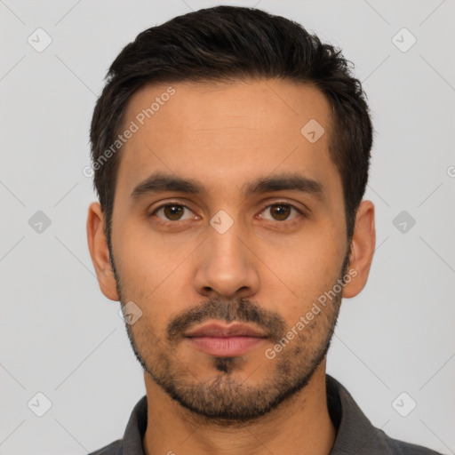 Neutral latino young-adult male with short  black hair and brown eyes