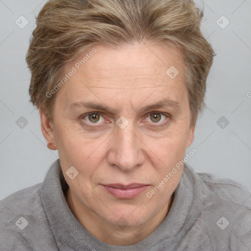 Joyful white adult female with short  brown hair and brown eyes