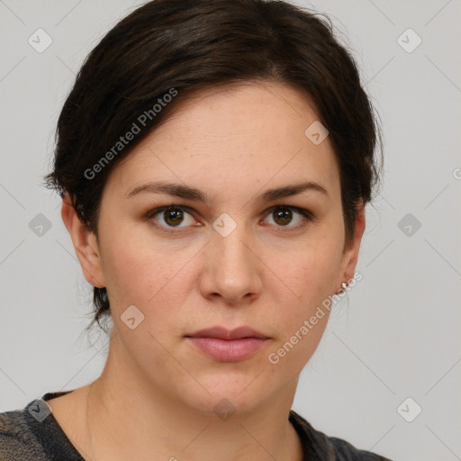 Neutral white young-adult female with medium  brown hair and grey eyes