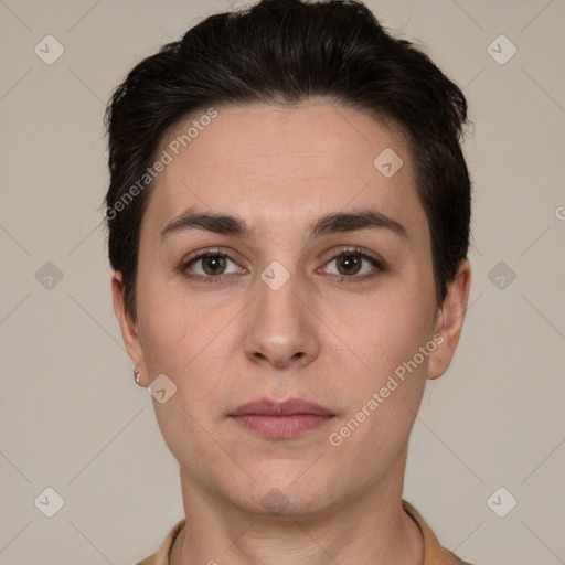 Neutral white young-adult female with short  brown hair and brown eyes