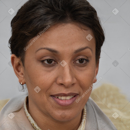 Joyful white adult female with short  brown hair and brown eyes