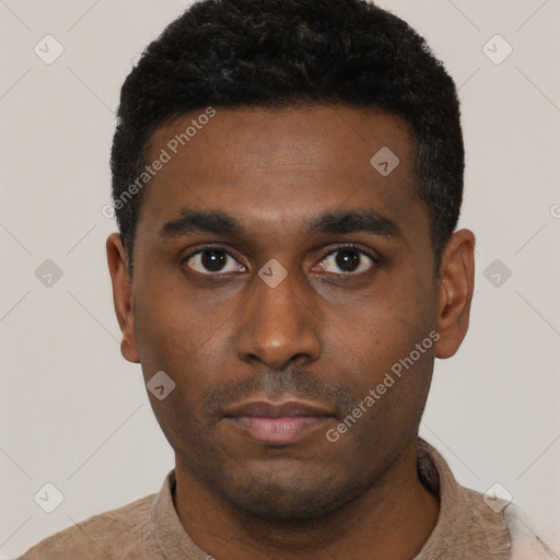 Neutral black young-adult male with short  black hair and brown eyes