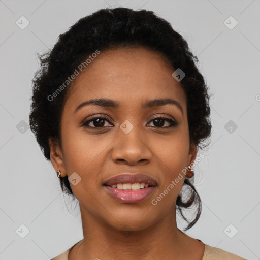 Joyful latino young-adult female with short  black hair and brown eyes