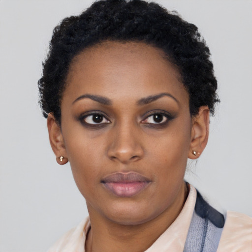 Neutral black young-adult female with short  black hair and brown eyes