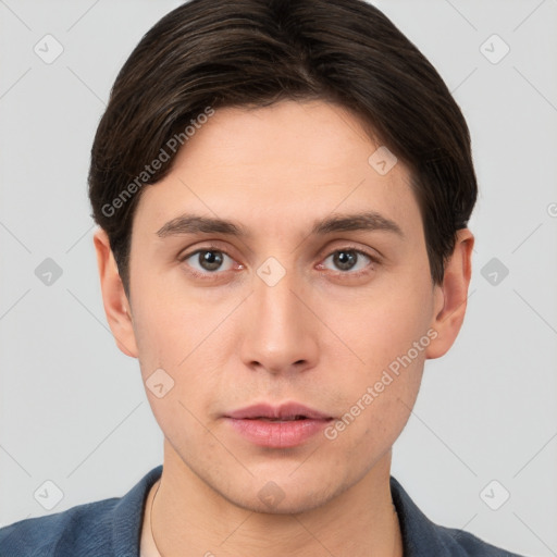 Neutral white young-adult male with short  brown hair and brown eyes