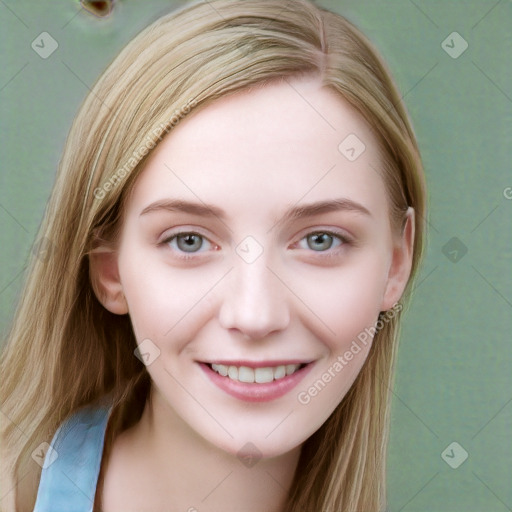 Joyful white young-adult female with long  brown hair and blue eyes