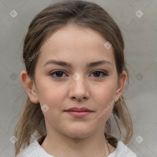 Joyful white child female with medium  brown hair and brown eyes