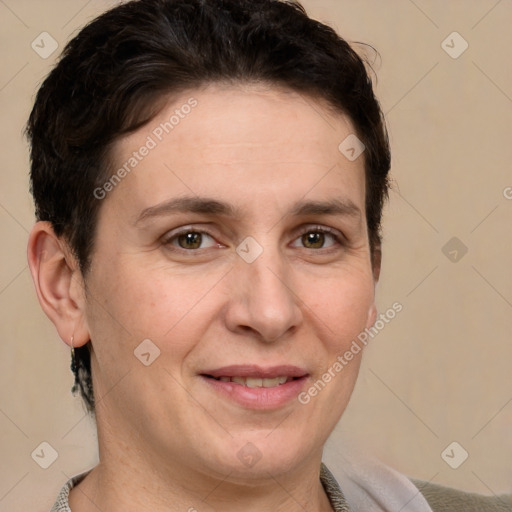 Joyful white adult female with short  brown hair and brown eyes