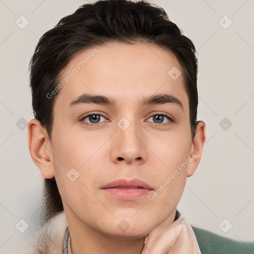 Neutral white young-adult male with short  brown hair and brown eyes