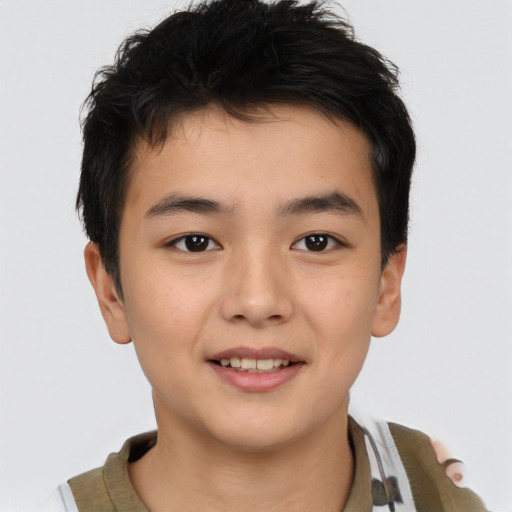 Joyful asian child male with short  brown hair and brown eyes